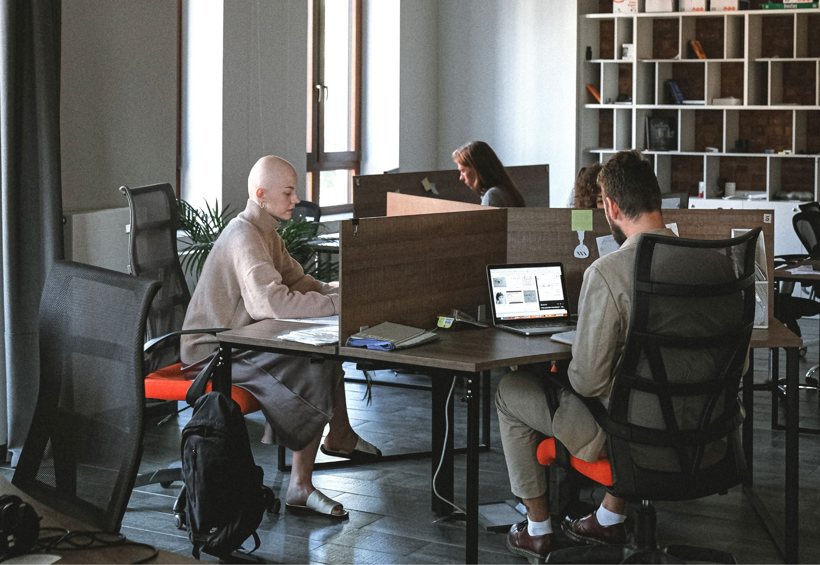Teams working in a flex-office environment