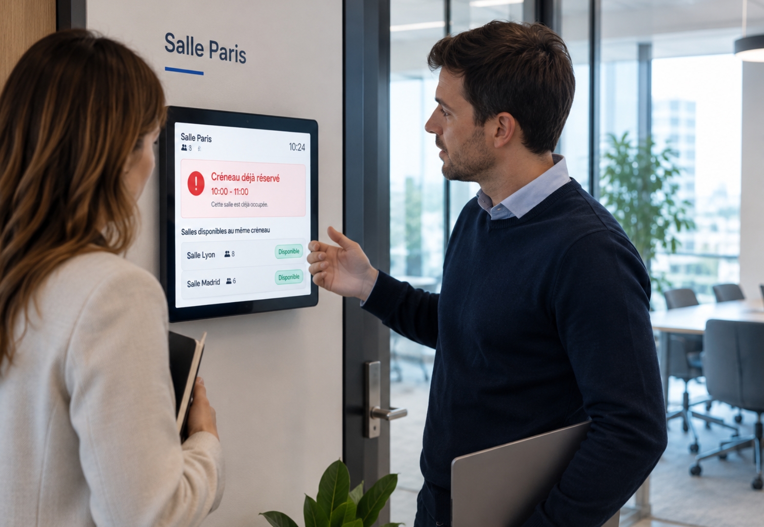 Deux collaborateurs consultent l’écran d’une salle de réunion affichant un conflit de réservation et des salles alternatives disponibles.