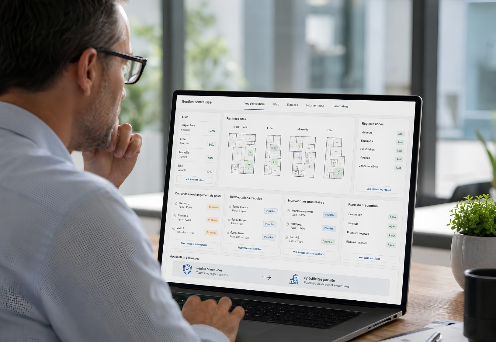 Space management across sites and floor plans