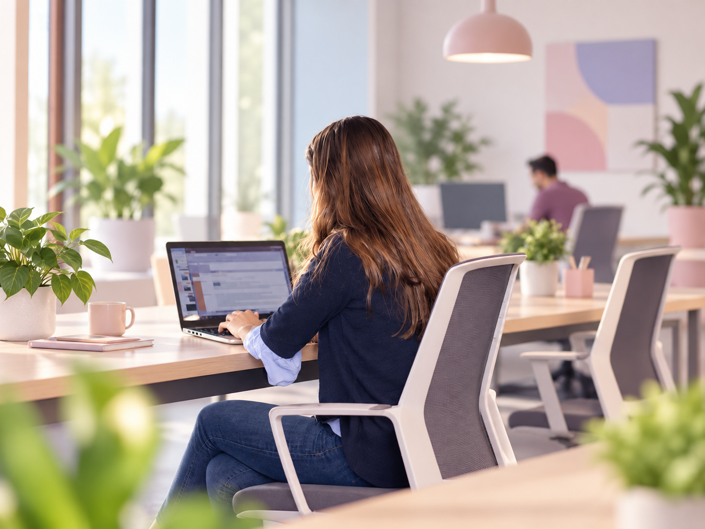 Collaboratrice travaillant à son poste dans un espace de bureau partagé