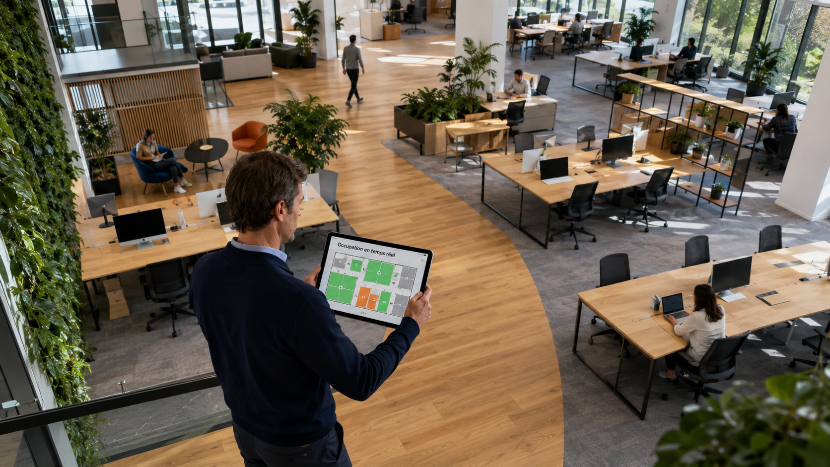 Employee working at a desk in a shared office space