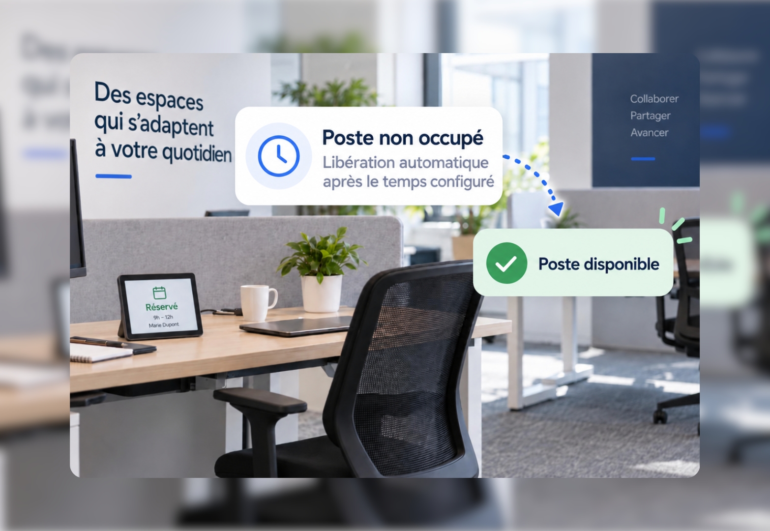 bureau libre avec une tablette qui annonce que le bureau est reserve