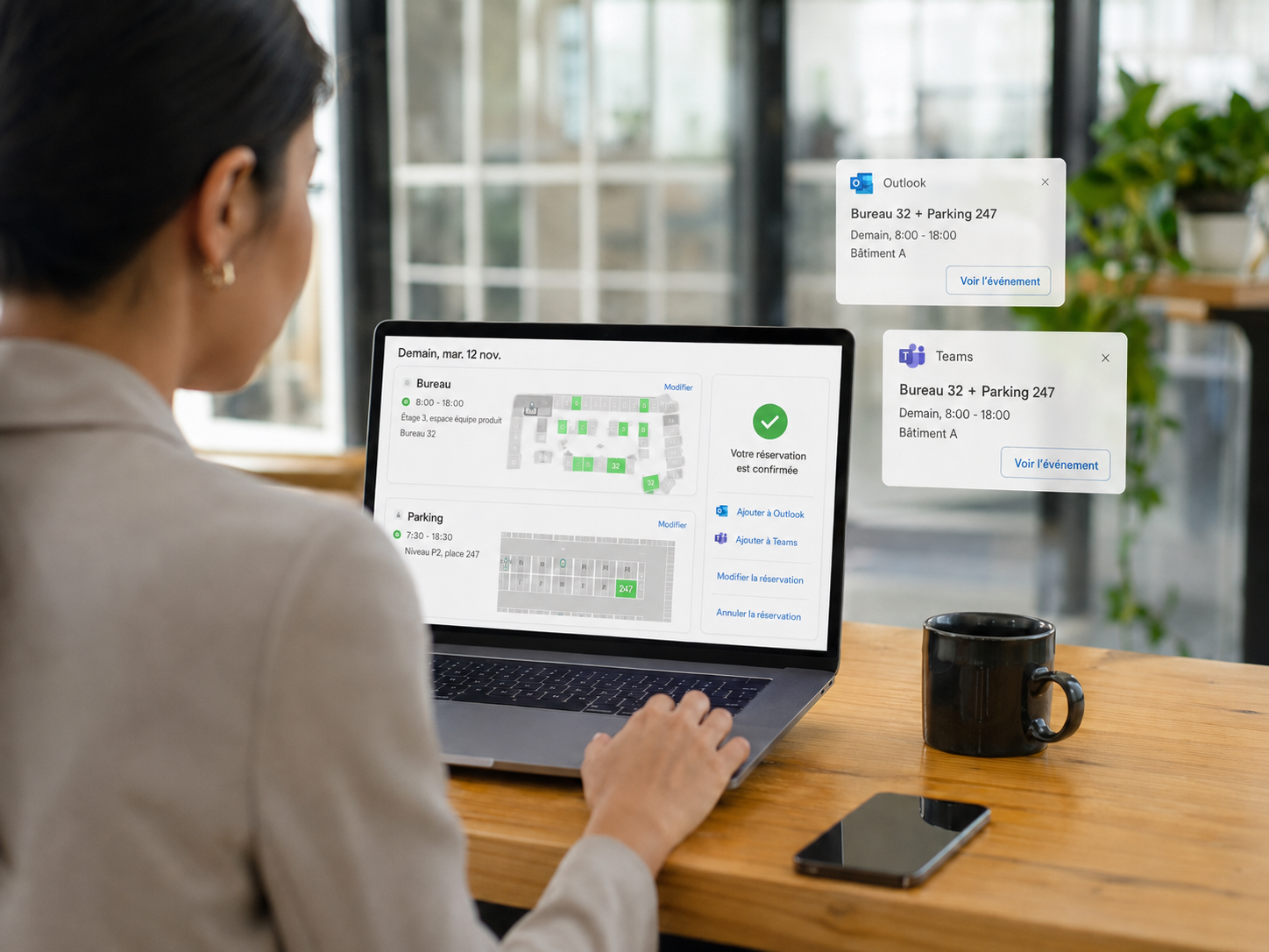 Desk and parking booking synchronised with Outlook and Teams