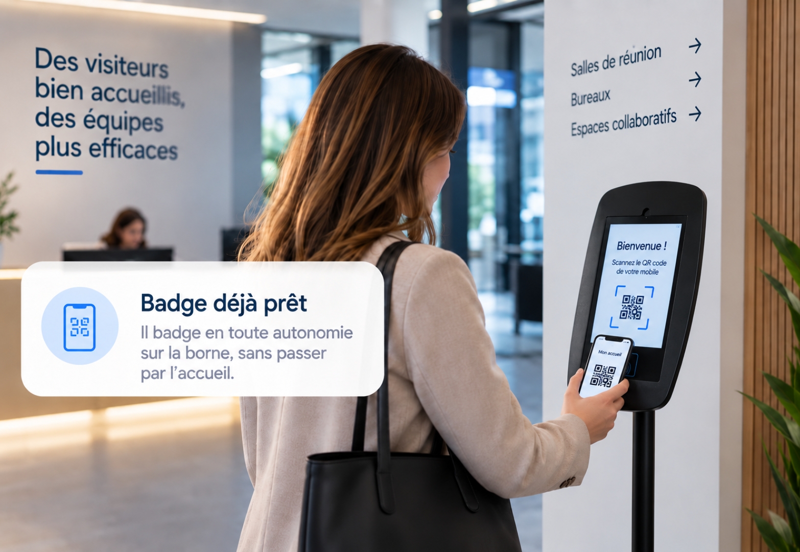 Le collaborateur s'inscrit avec un QR code en toute autonomie sur la borne pour s'enregistrer