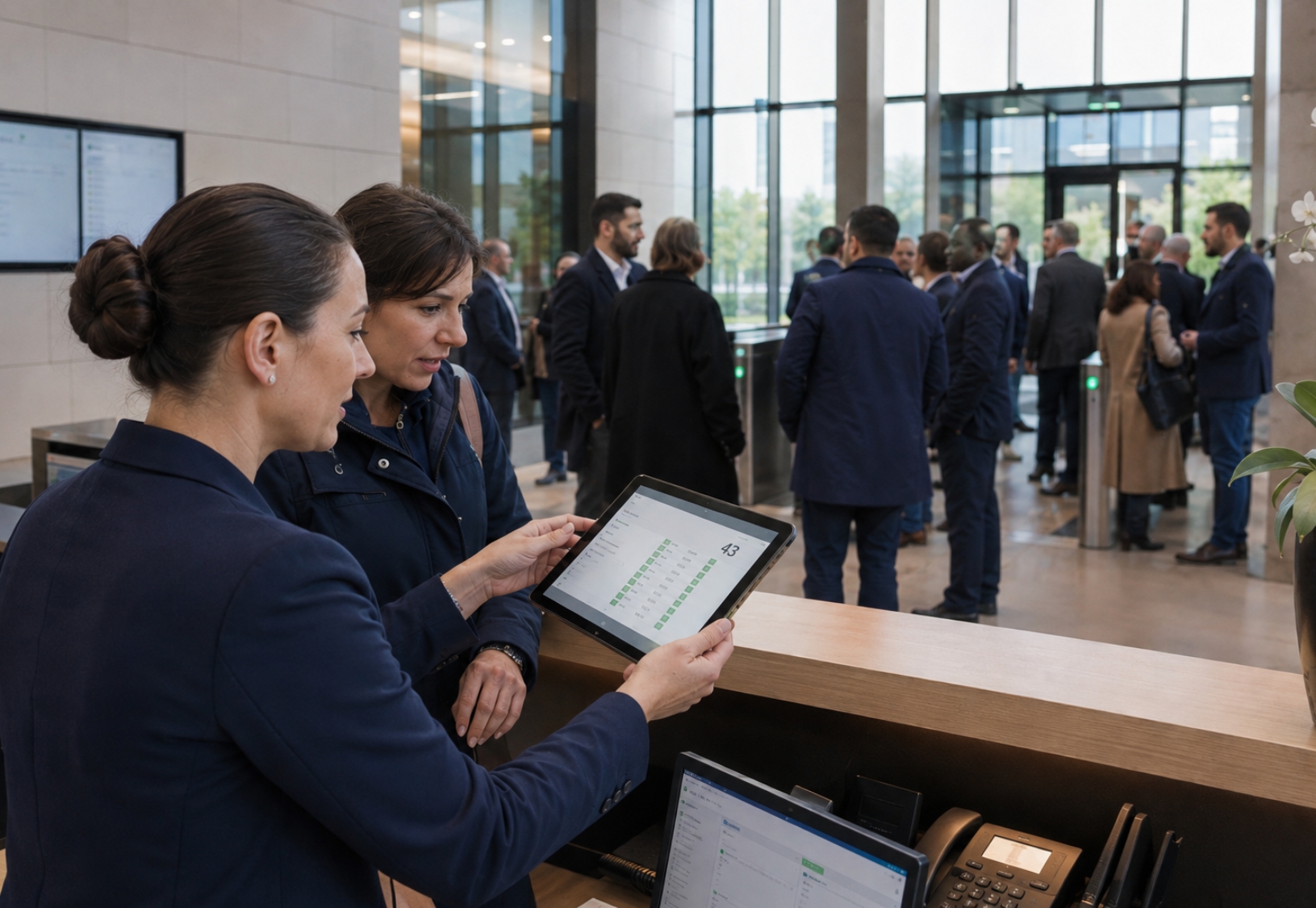 hall d’accueil, avec une hôtesse qui consulte l’effectif présent en temps réel sur sa tablette.