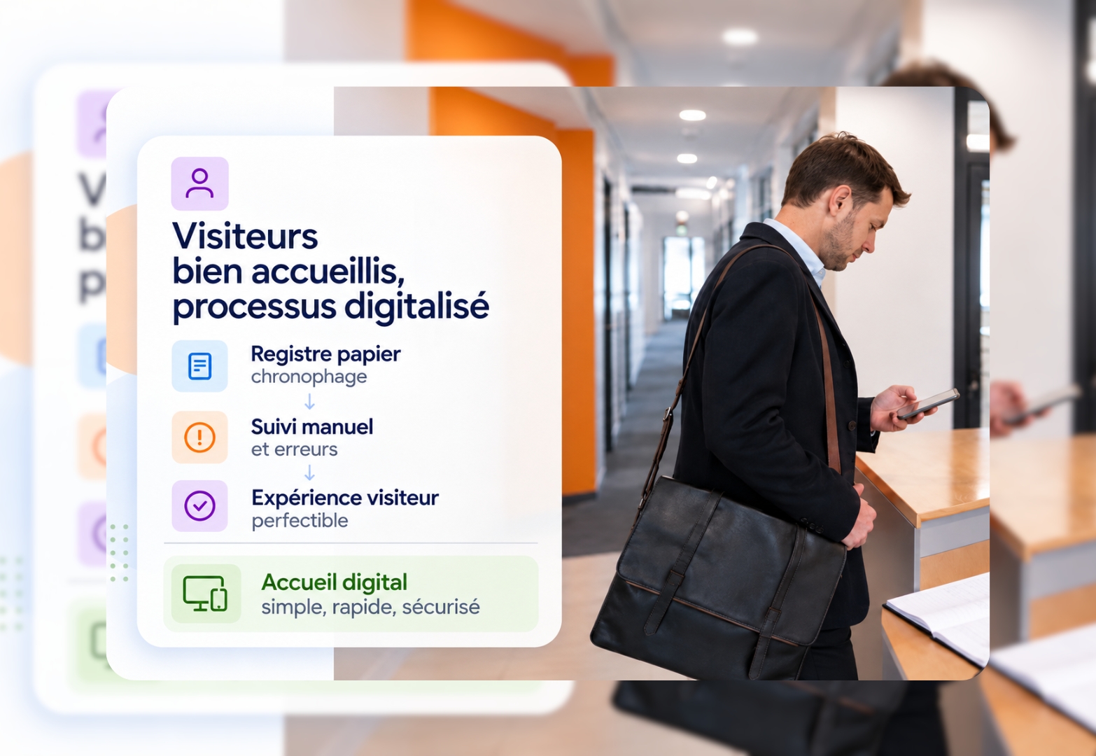 Visiteur devant un accueil d’entreprise avec registre papier, illustrant un processus d’accueil encore manuel